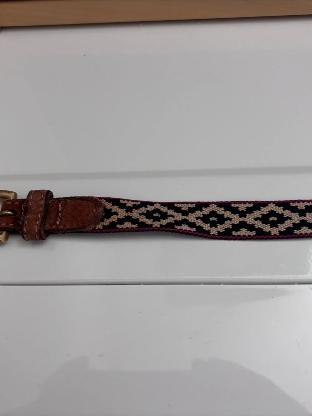 Argentine Arandu Woven Geometric Pattern Brown Leather Trim Belt size 70 cm